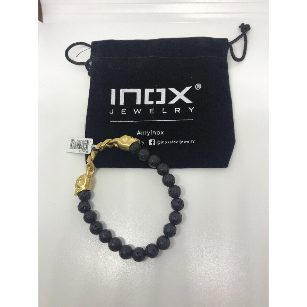 BRAND NEW! Inox Men's black woven leather bracelet with Gold skull clasps